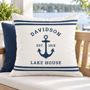 Coussin Nautical Maison de Lac Famille Ancre Blanc Navy