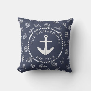 Coussin Nautical Navy Bleu Blanc Nom de famille Ancre
