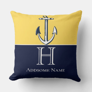Coussin Nautical Navy Blue Mustard Yellow Anchor monogram