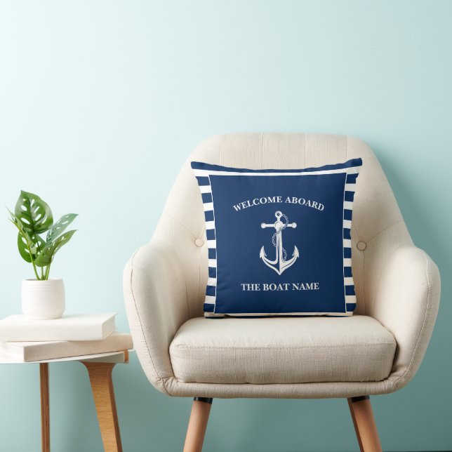 Coussin Nautical Navy Blue Welcome Aboard Nom du bateau An (Chaise)