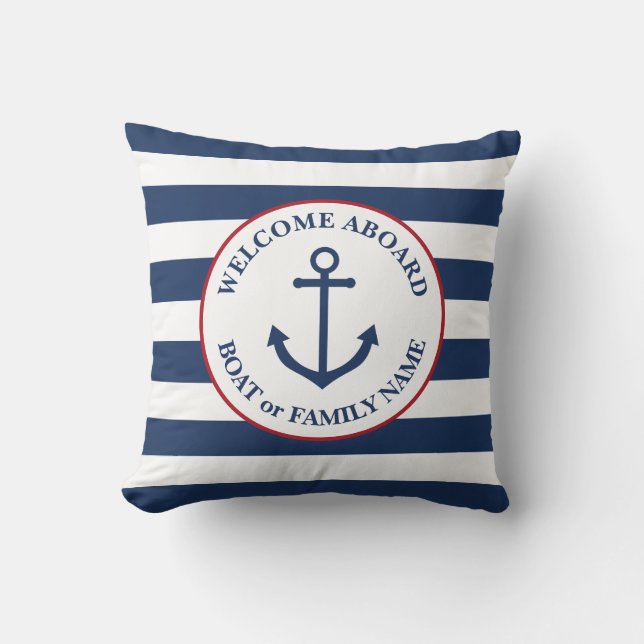 Coussin Nautical striped welcome aboard pillow (Recto)