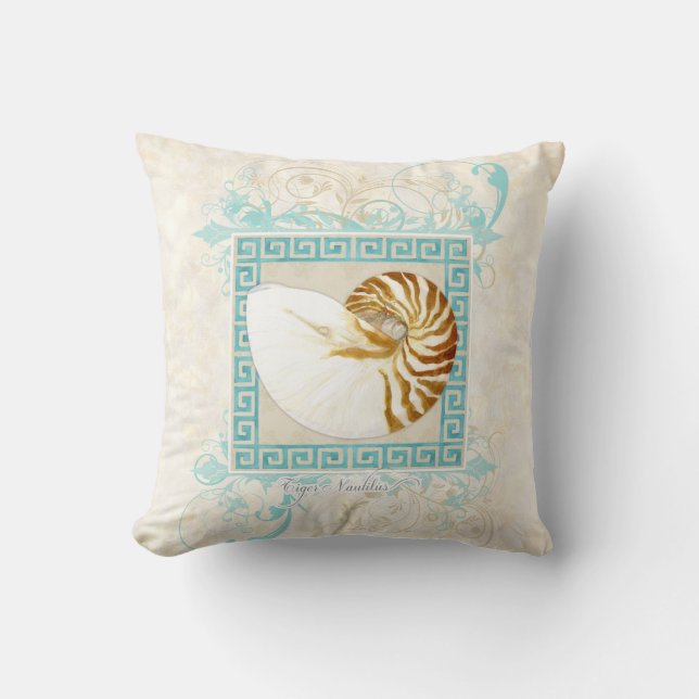 Coussin Nautilus Shell aquarelle grecque clé Damask plage (Recto)