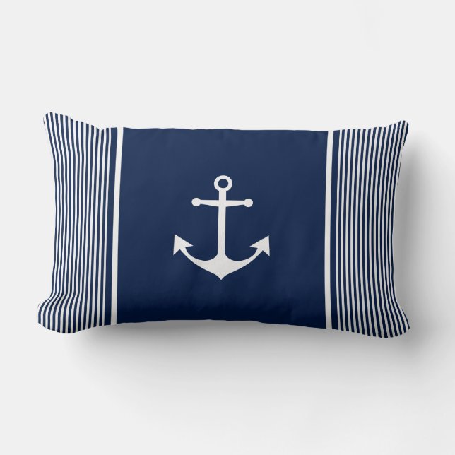 Coussin nautique à rayures bleu marine avec Ancre (Recto)