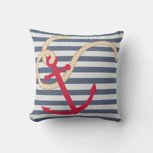 Coussin nautique à rayures bleues avec Ancre rouge