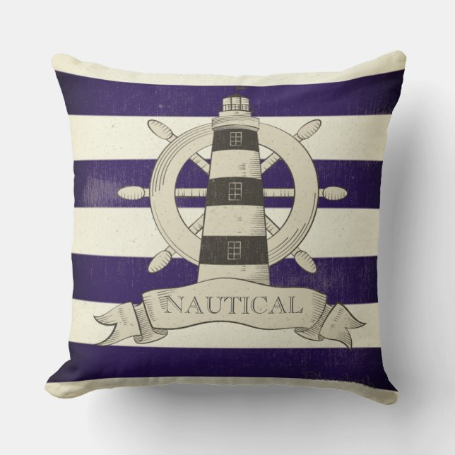 Coussin Nautique, Bateau Roue, Bleu et Blancs (Recto)