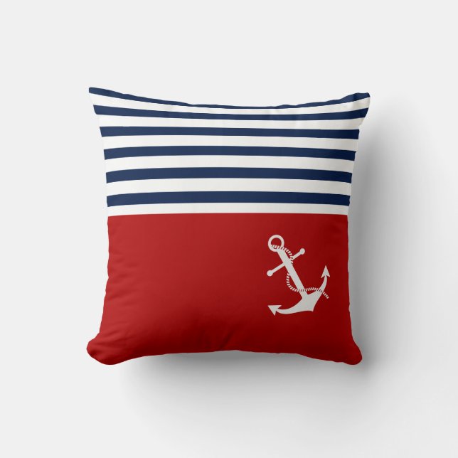 Coussin nautique, Bleu, Blanc, Bleu, Bandes rouges (Recto)