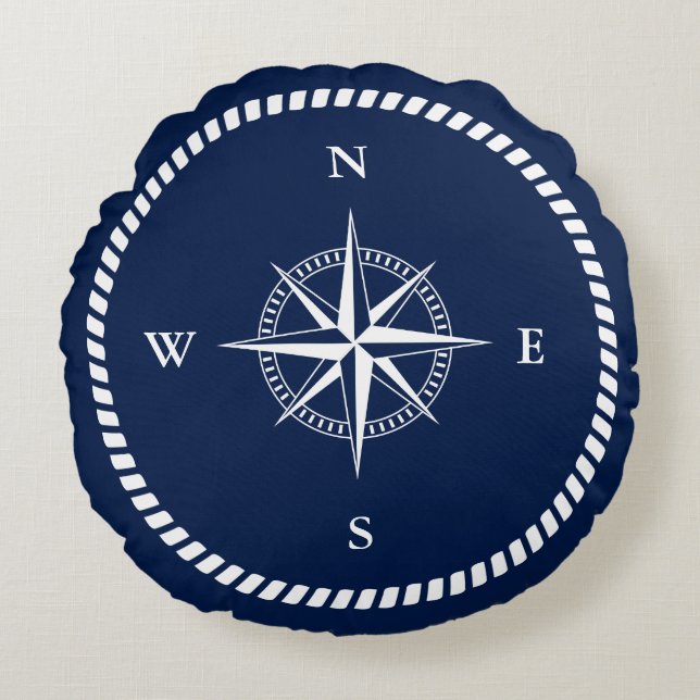 Coussin nautique bleu, boussole, maritime (Devant)