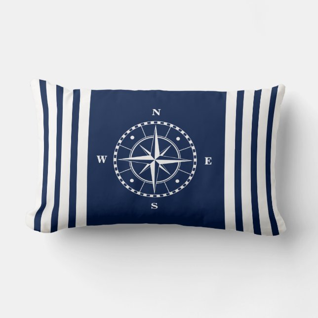 Coussin nautique bleu et blanc avec boussole (Recto)