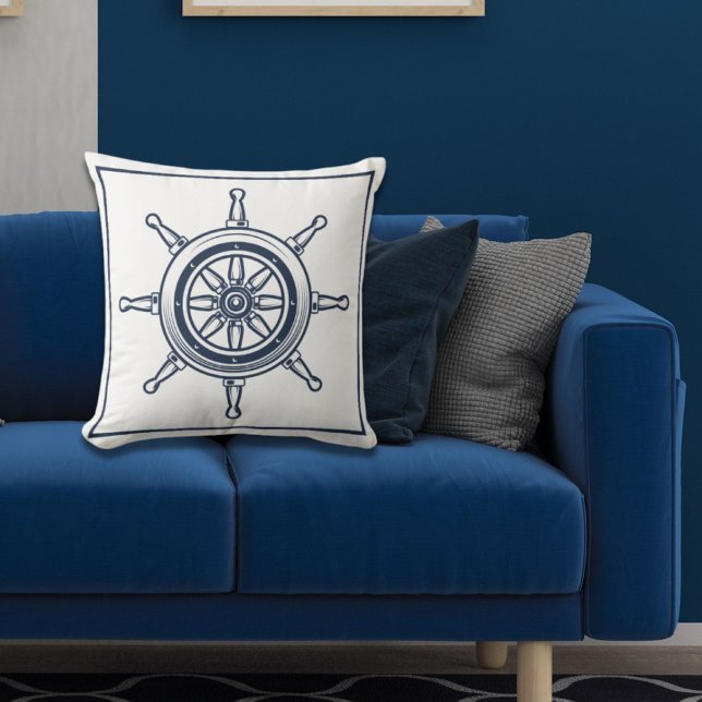 Coussin Nautique Côte Blue Beach Maison Bateau Bateau Bate (Nautical Coastal Blue Beach House Boat Ship Wheel Throw Pillow)