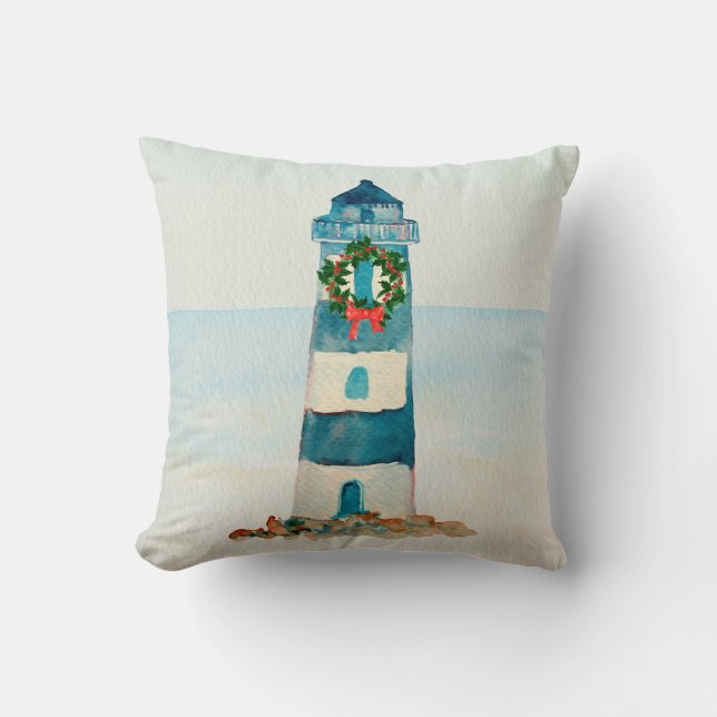 Coussin nautique de Noël d'aquarelle de phare (Recto)