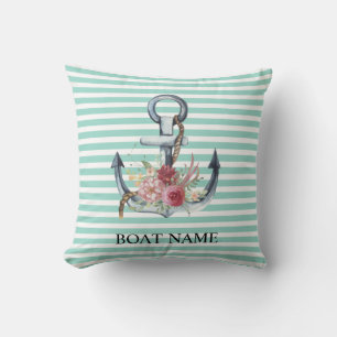 Coussin Nautique, Fleurs d'ancre Rayures Vert Menthe