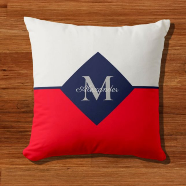 Coussin Nautique moderne Marine Bleu Rouge Monogramme Lanc (Créateur téléchargé)