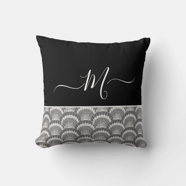 Coussin Nautique Noir Blanc Élégant monogramme initial Bai (Recto)