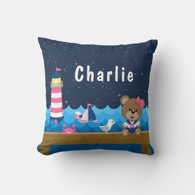 Coussin Nautique ours rose et marine (Recto)