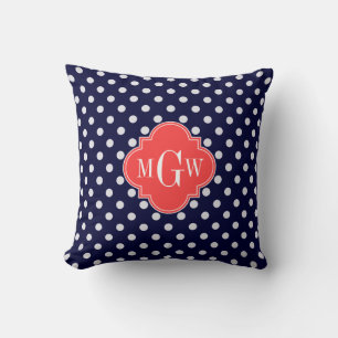 Coussin Navy Blanc Points de Corail Quatrefeuille 3 Monogr