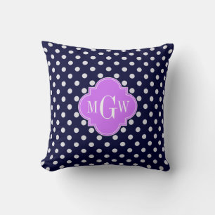 Coussin Navy Blanc Points de Polka Lilas Quatrefeuilles 3 