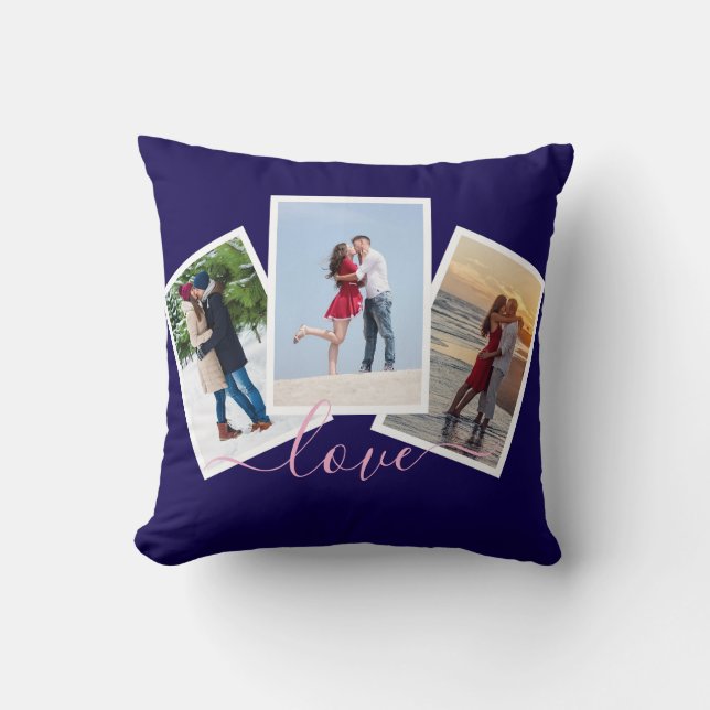 Coussin Navy Blue 3 Photo Collage Love Pink Script (Recto)