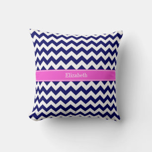 Coussin Navy Blue Wht Chevron Hot Pink Nom Monogramme
