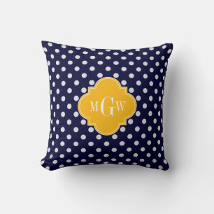 Coussin Navy Polka Dot Goldenrod Quatrefoil 3 monogram