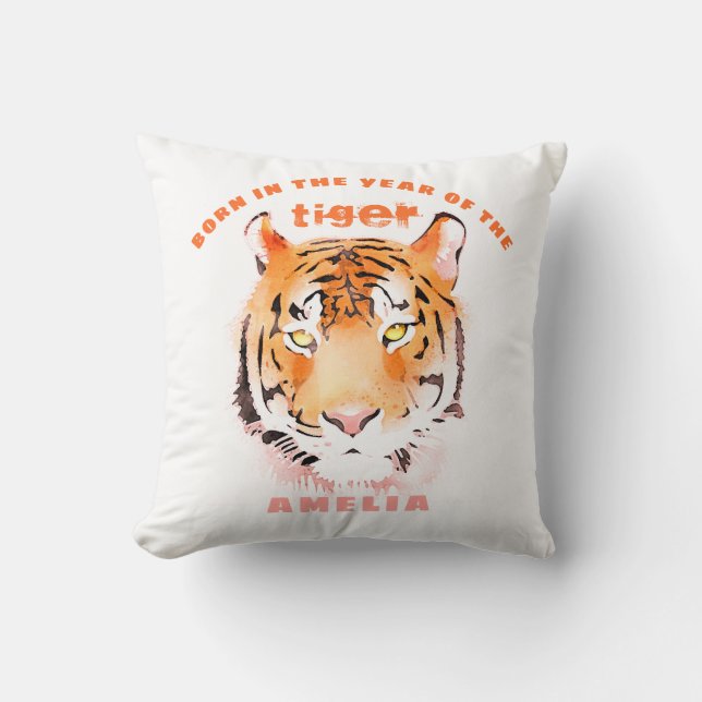 Coussin Né dans l'année de Tiger Aquarelle 2022 Baby Girl (Recto)