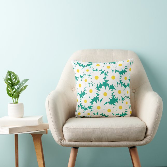 Coussin Négative Space Daisies blanc jaune sur vert (Chaise)