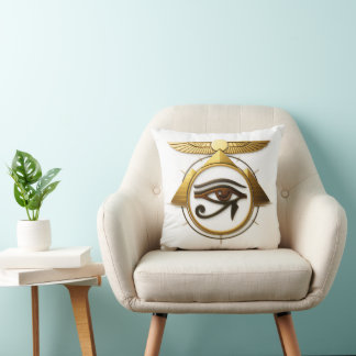 Coussin NeoAnkh 3D Œil d'Horus doré et disque solaire ailé
