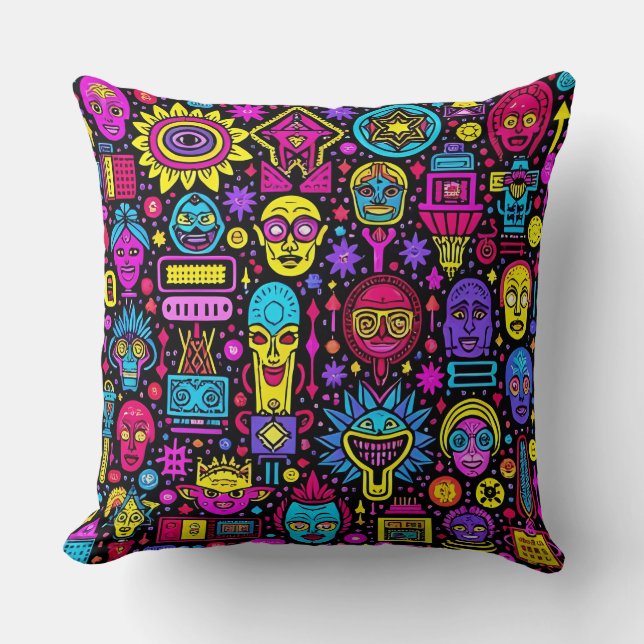Coussin Neon Doodle Faces - Motif d'art de rue animé (Recto)