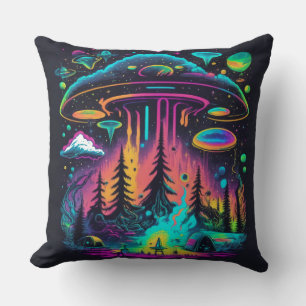 Coussin Neon UFO et scène Alien Art psychédélique