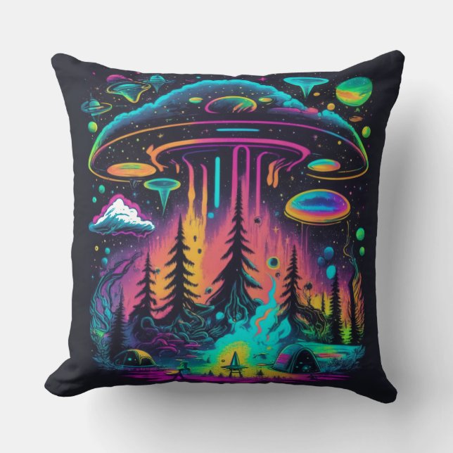 Coussin Neon UFO et scène Alien Art psychédélique (Recto)