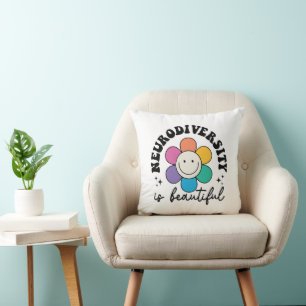 Coussin Neurodiversité Groovy Rainbow Smiley Fleur