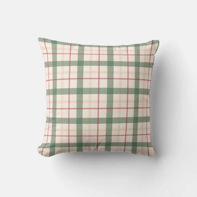 Coussin Neutral Green Plaid Farmhouse Throw Pillow (Recto)