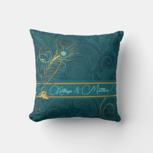 Coussin Newlyweds Teal Peacock and Gold Custom Name