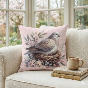 Coussin Nid de colombe rose avec fleurs et branches d'oliv