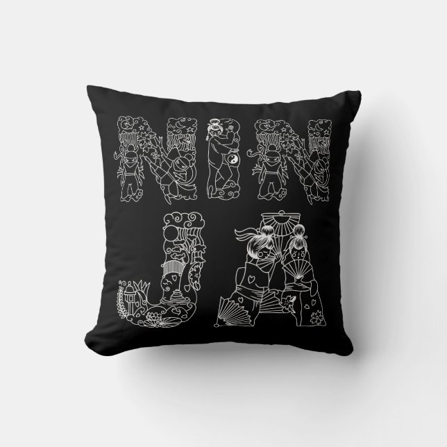 Coussin Ninja Élégant Texte Blanc Sur Noir (Recto)