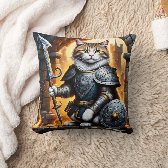 Coussin Noble Chat en armure tenant l'épée et le bouclier (Couverture)