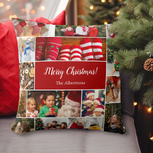 Coussin Noël 15 Photo Collage avec nom de famille Rouge