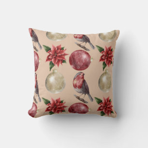 Coussin Noël Aquarelle Oiseaux Baubles Motif