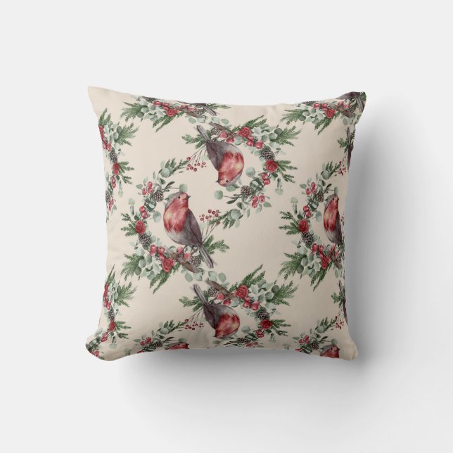 Coussin Noël Aquarelle Robin Oiseaux Motif (Recto)