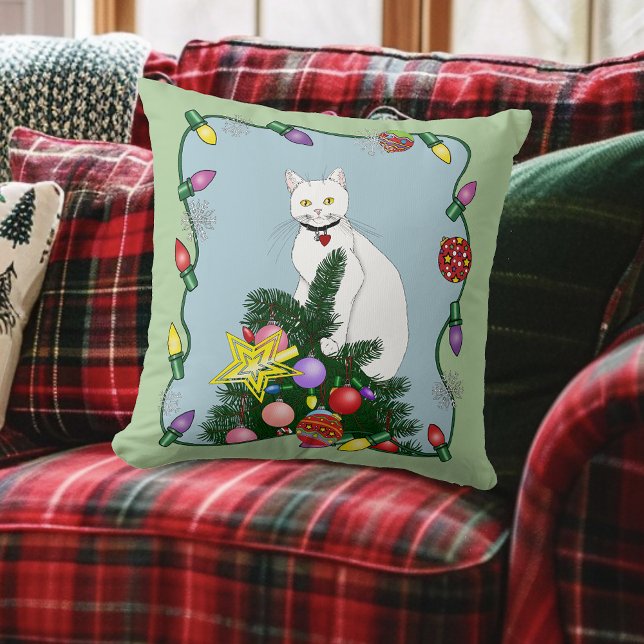 Coussin Noël Arbre drôle Chat blanc (Créateur téléchargé)