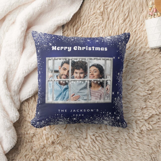 Coussin Noël bleu argent neige photo hiver (Couverture)