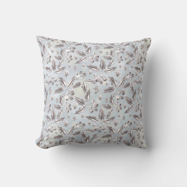 Coussin Noël, brindilles argentées, blanc, flocons de neig (Recto)
