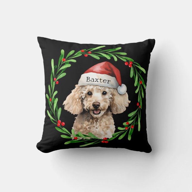 Coussin Noël Chien Poodle Santa Hat Holiday (Recto)