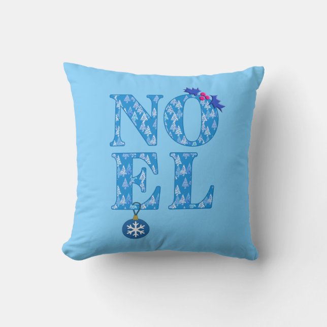Coussin NOEL dans un Motif d'arbre de Noël bleu (Recto)