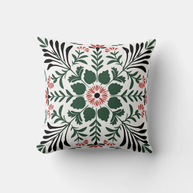 Coussin Noël d'art populaire vert et rouge (Recto)