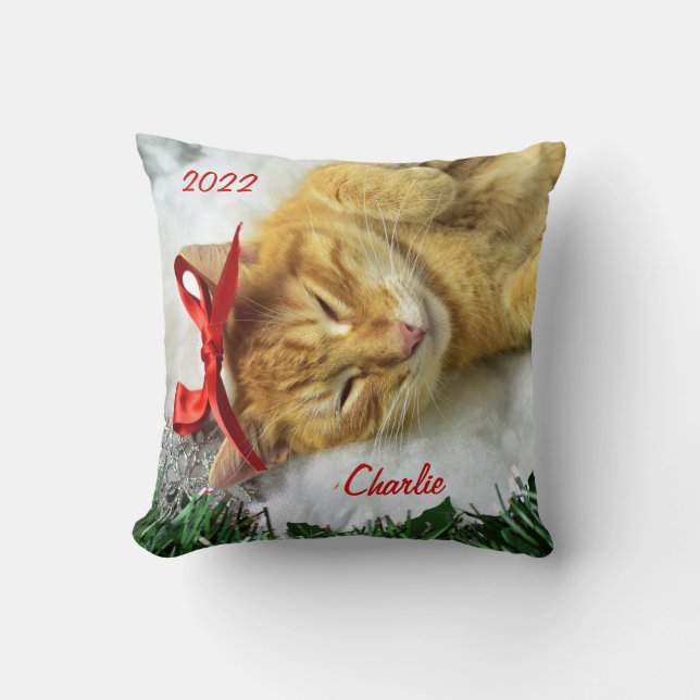 Coussin Noël de chat Tabby Orange Personnalisé (Recto)