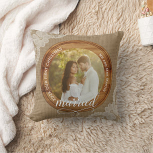 Coussin Noël de mariage rustique en toile de jute et dente