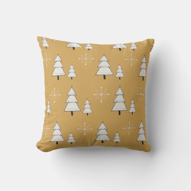 Coussin Noël d'or avec pins et flocons de neige (Recto)