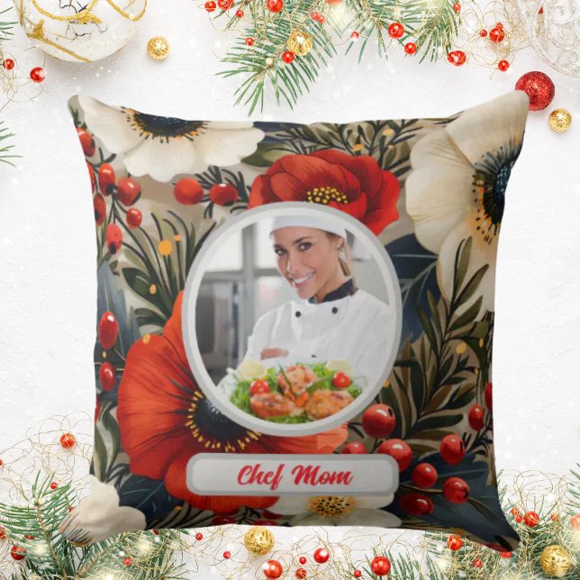 Coussin Noël Floral Personnalisé Chef Maman Photo (Créateur téléchargé)