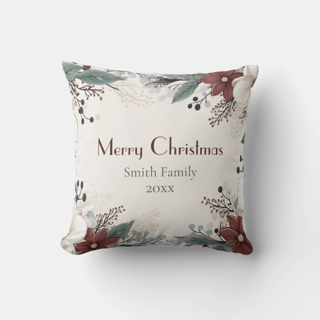 Coussin Noël floral personnalisé rouge et blanc (Recto)