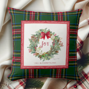 Coussin Noël Joie Wreath Bow Aquarelle Tartan Plaid